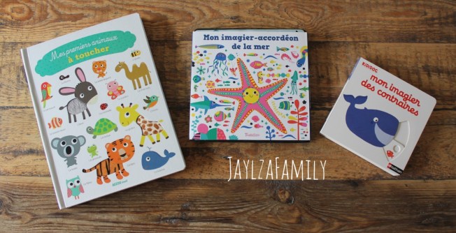 Mes premiers animaux à toucher, Auzou Eveil; on imagier-accordéon de la mer, Tourbillon; Mon imagier des contraires Kididoc, Nathan.